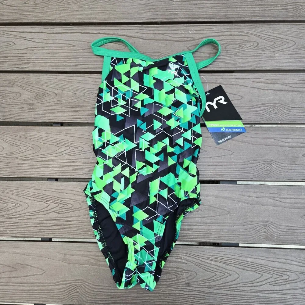 TYR Green Labyrinth DiamondFit 1 Pc Swimsuit, Women's Size 26 NEW